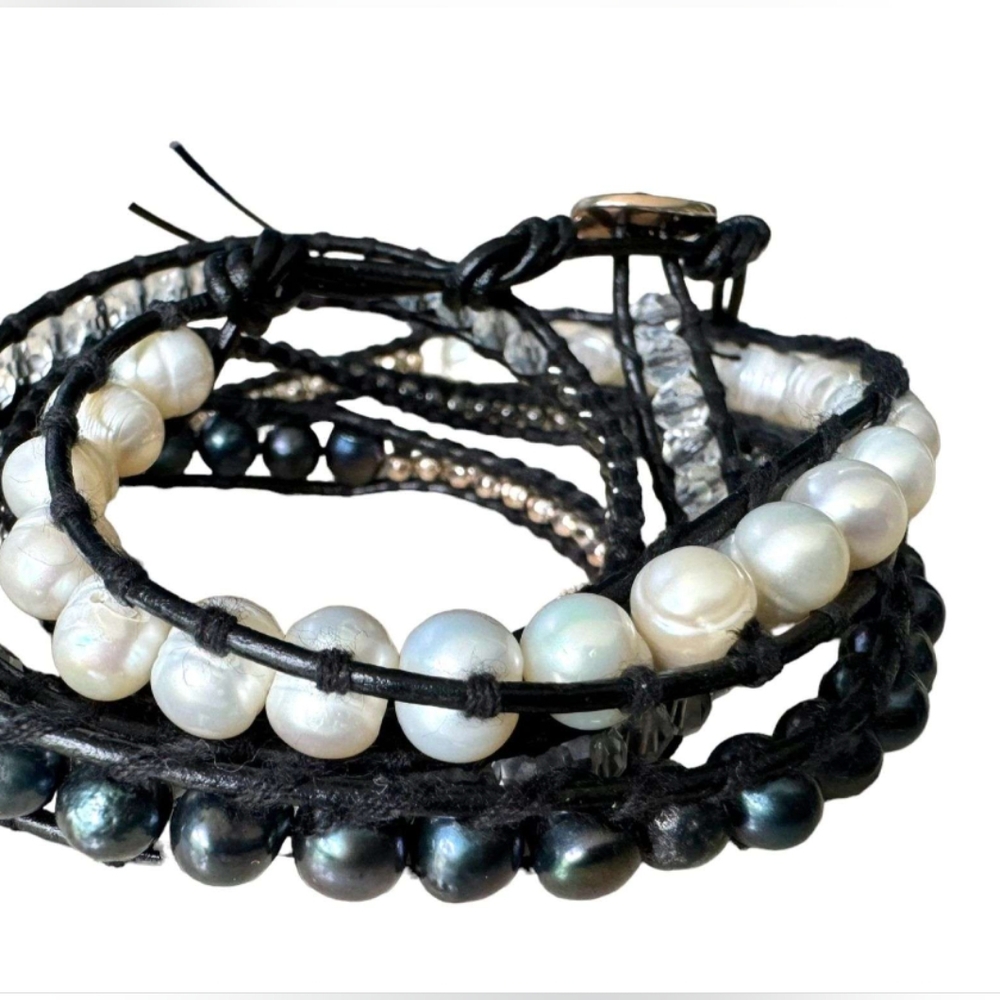 Lizou Necklace or Wrap Bracelet Stamped Pearl/ Crystal  39" Length